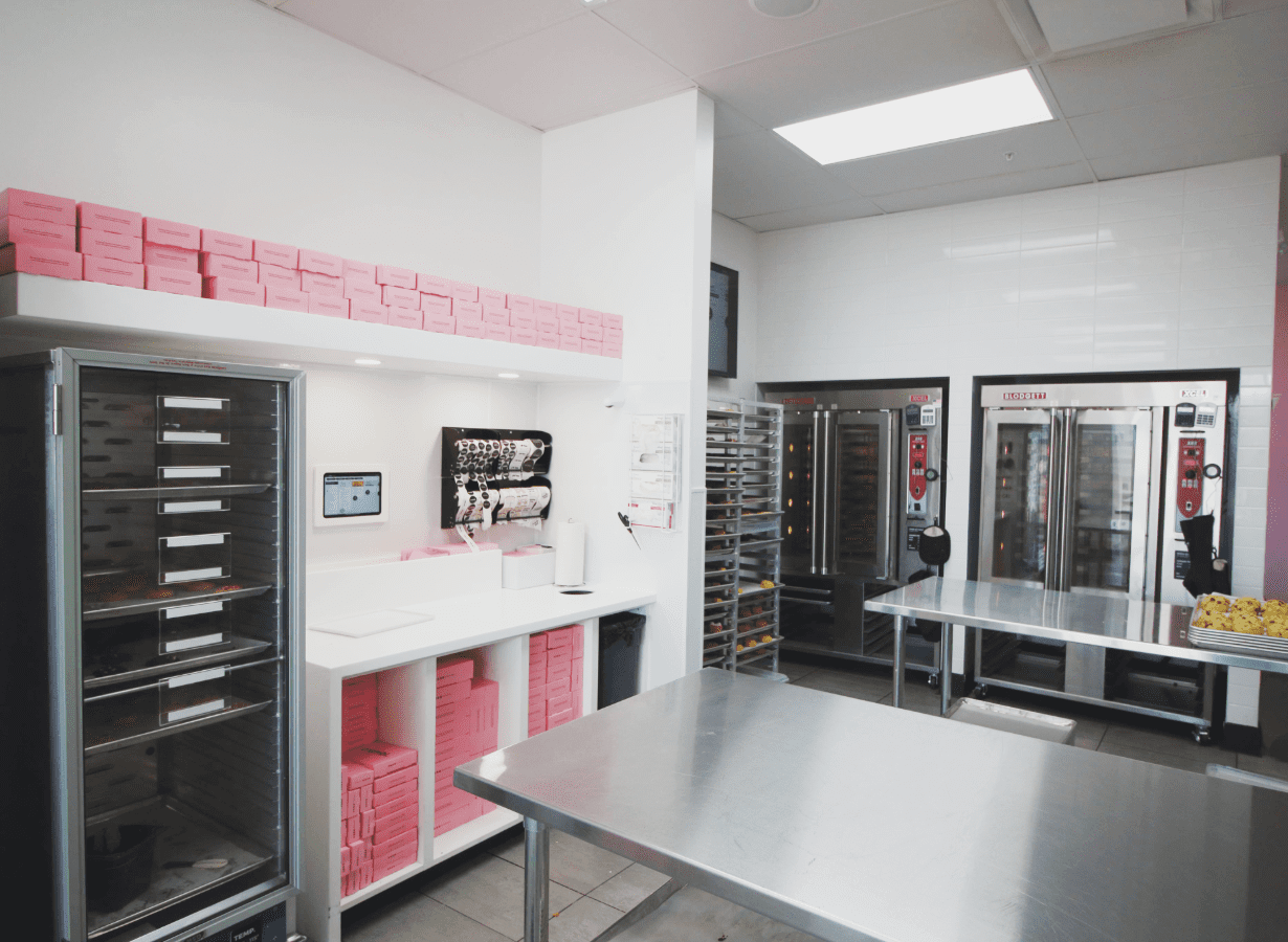 Crumbl Cookie making facilities with ovens and boxing station. 
