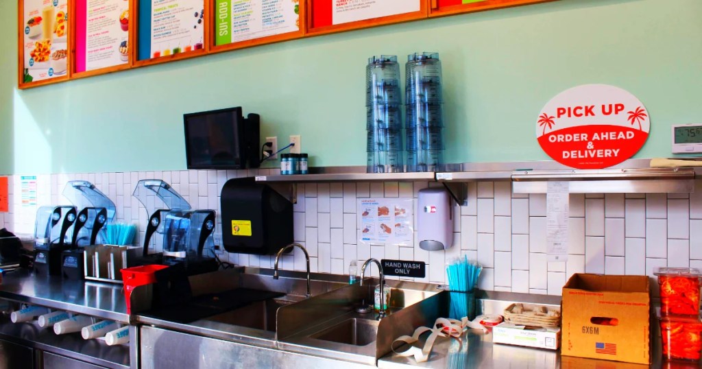 Front-of-house smoothie prep area and equipment.